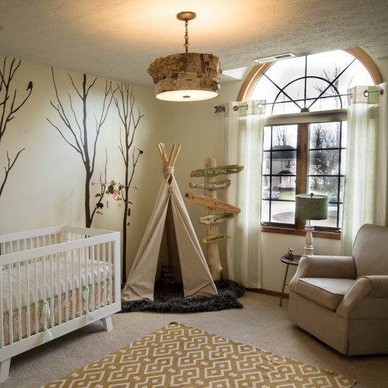 Woodland and tribal inspired nursery, complete with teepee and