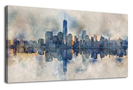 Canvas Wall Art Abstract Painting Prints New York Skyline Reflection in  Water Modern Canvas Artwork Panoramic Landscape Contemporary Wall Art  Pictures
