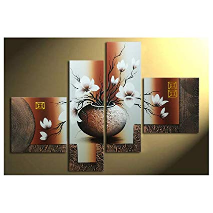 Wieco Art 4-Piece Elegant Flowers Stretched and Framed Hand-Painted Modern  Canvas Wall Art