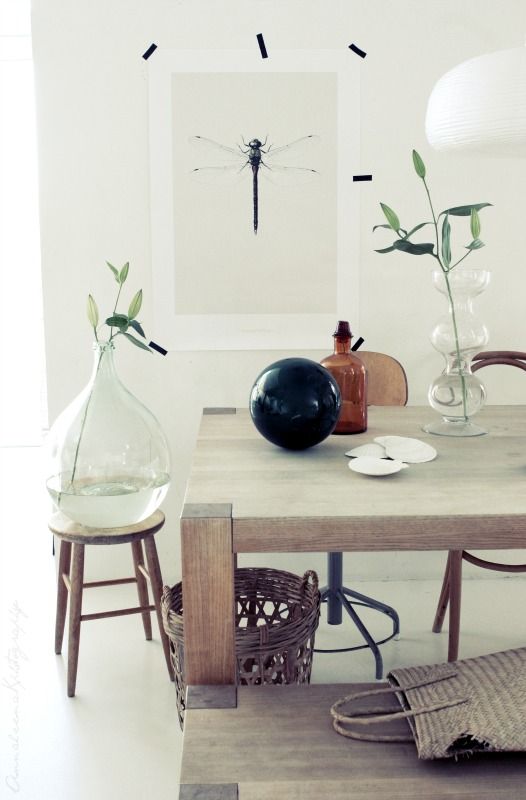 glass vessels, dragonfly, wood, white. | Pinteriors | Inredning