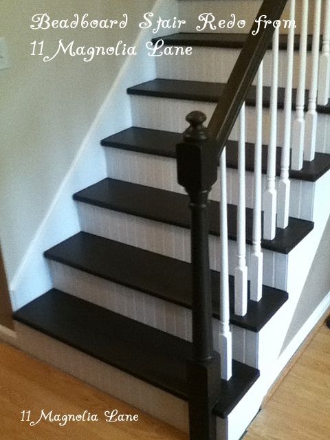Stair redo with painted treads and beadboard risers | stairs | Redo