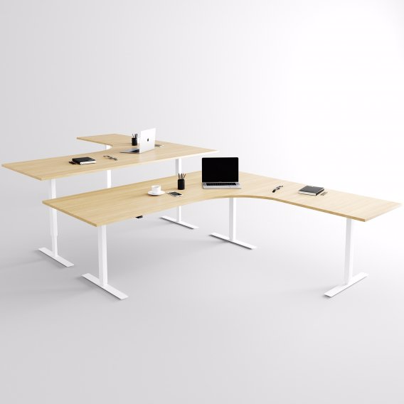 Höj och sänkbart hörnskrivbord, vitt stativ och ek skiva - Premium