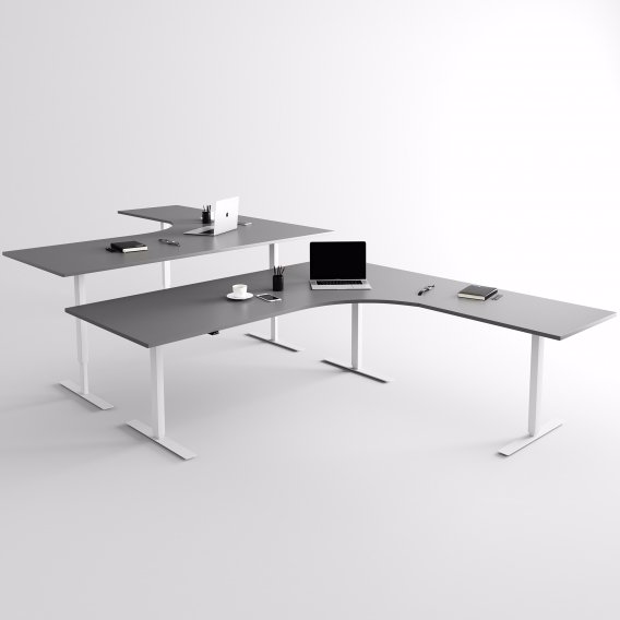 Höj och sänkbart hörnskrivbord, silver stativ och mörkgrå skiva - Premium