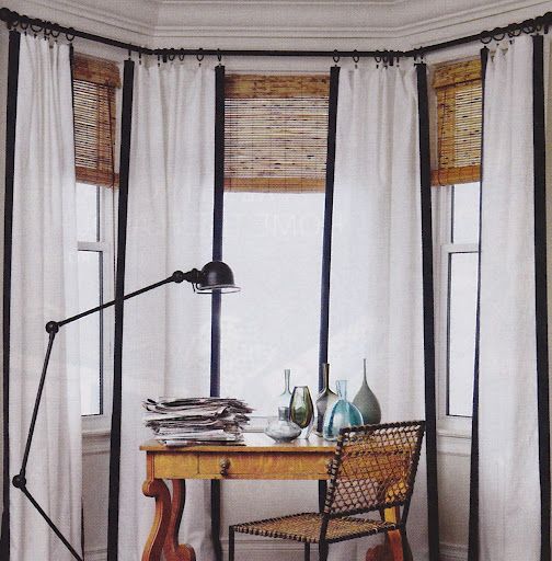 Navy trim curtains + bamboo shades | live | Bay window curtains, Bay
