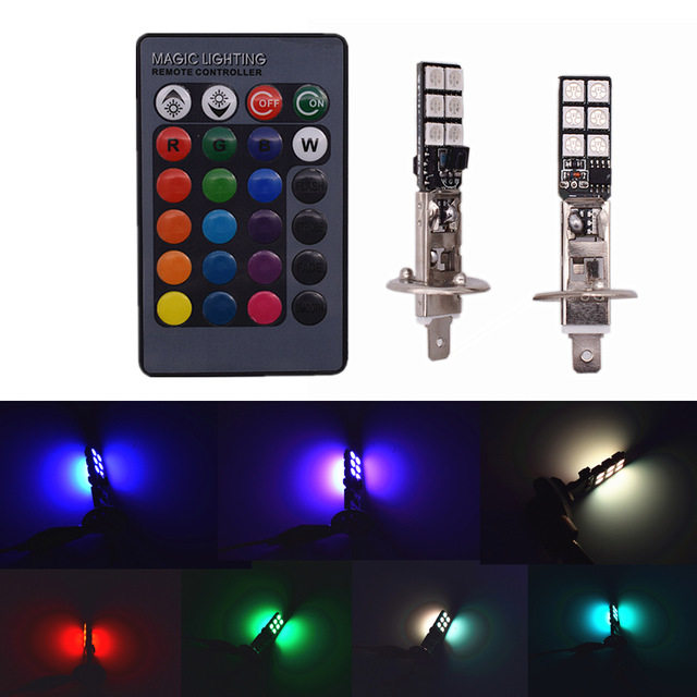 H1 LED RGB lampor lampa till bilen eller MC. Bytt färg med fjärrkontroll