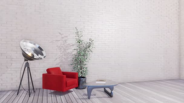Ljusa loft vardagsrum inredning i modern minimalistisk stil med röd fåtölj,  glas soffbord, golvlampa och krukväxt på tomma vita tegel vägg bakgrund.  3D-animationen återges i 4k