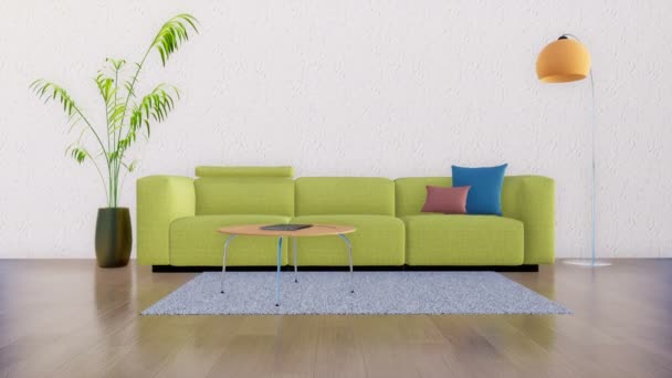 Modernt minimalistiskt vardagsrum inredning med grön soffa, soffbord,  golvlampa och krukväxt mot Tom vit vägg med kopia utrymme. Realistisk  3d-animering återges i 4k