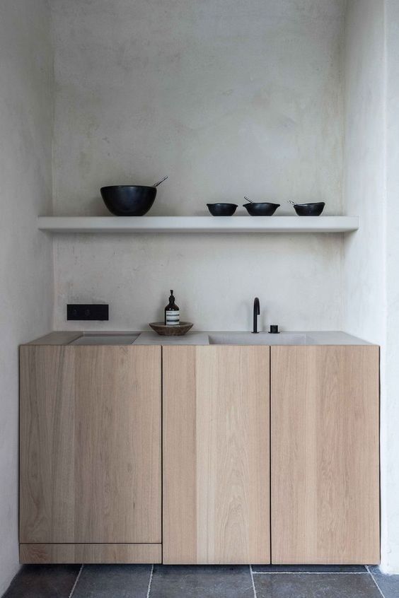 Minimalist country kitchen with natural materials. | : small space