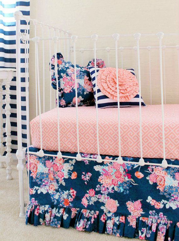 Navy Floral Crib Bedding | Baby Girl Bedding | Coral and Navy Baby