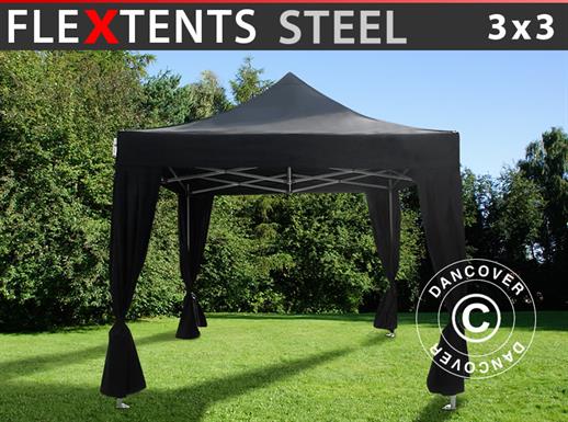 Snabbtält FleXtents Steel 3x3m Svart, inkl. 4 dekorativa gardiner