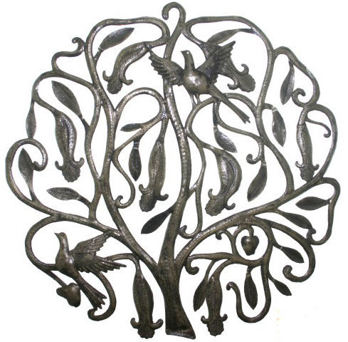 Smidesjärn vägg dekor, livets träd med fåglar