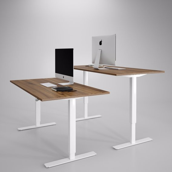 Höj och sänkbart skrivbord, vitt stativ och valnöt skiva - Premium