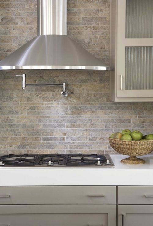 kitchens - pot filler tumbled linear stone tiles backsplash taupe