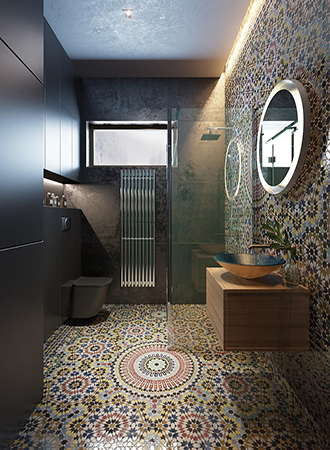moderna mosaik badrum golvplattor