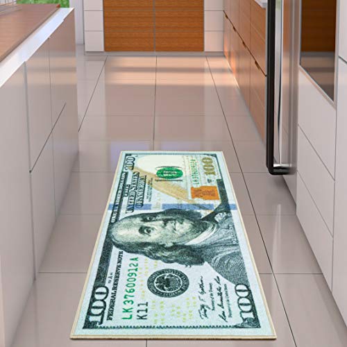 Dollar -Bill carpet in a modern kitchen with a shiny tile floor and elegant cupboards.