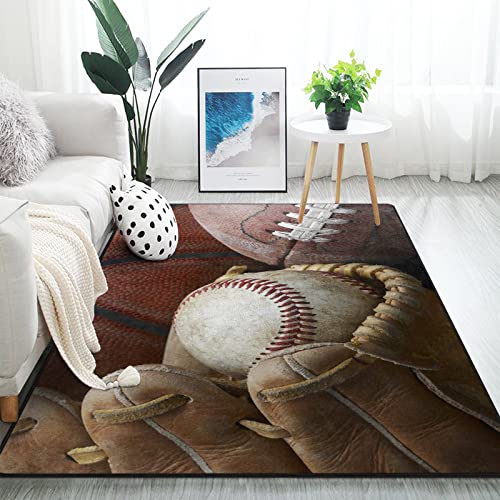 Carpet with sports motifs with baseball and gloves in a bright living room with a modern decor.