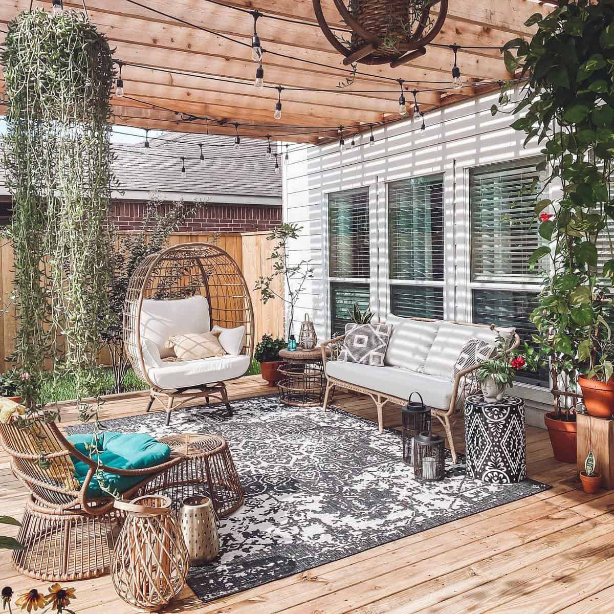 Boho -Terrasse mit Holzpergola 