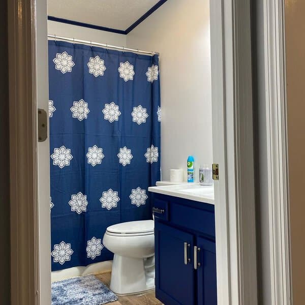 Bathroom with blue and white patterned shower curtain, matching vanity, and blue rug.