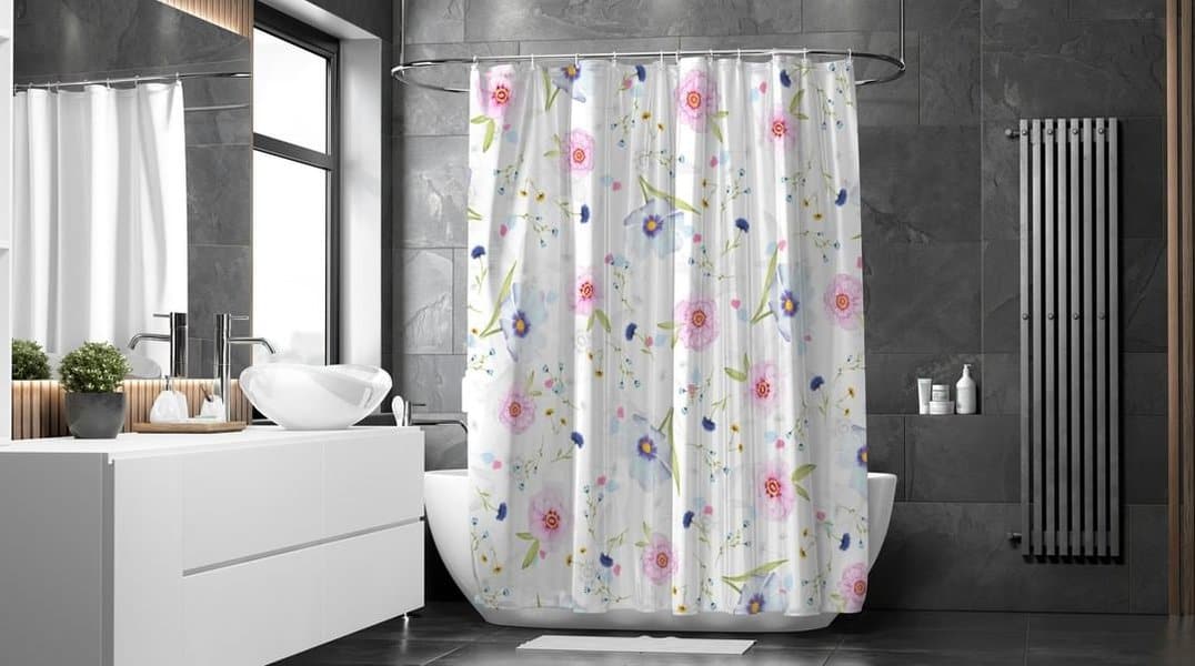 White shower curtain with colorful floral print in a modern gray-tiled bathroom with a vanity.