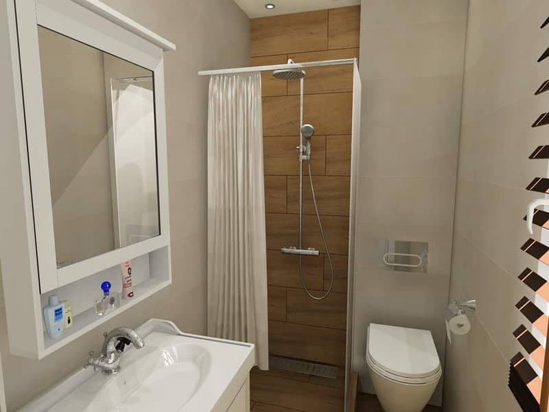 Small bathroom with a minimalist white shower curtain, wood-paneled shower, and wall-mounted toilet.