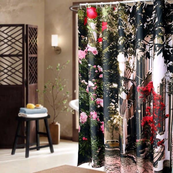 Street and garden-themed shower curtain with vibrant flowers in an elegant, spa-like bathroom.