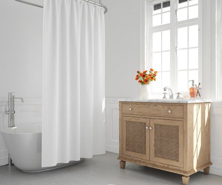 White shower curtain with freestanding tub and wooden vanity in a bright bathroom.